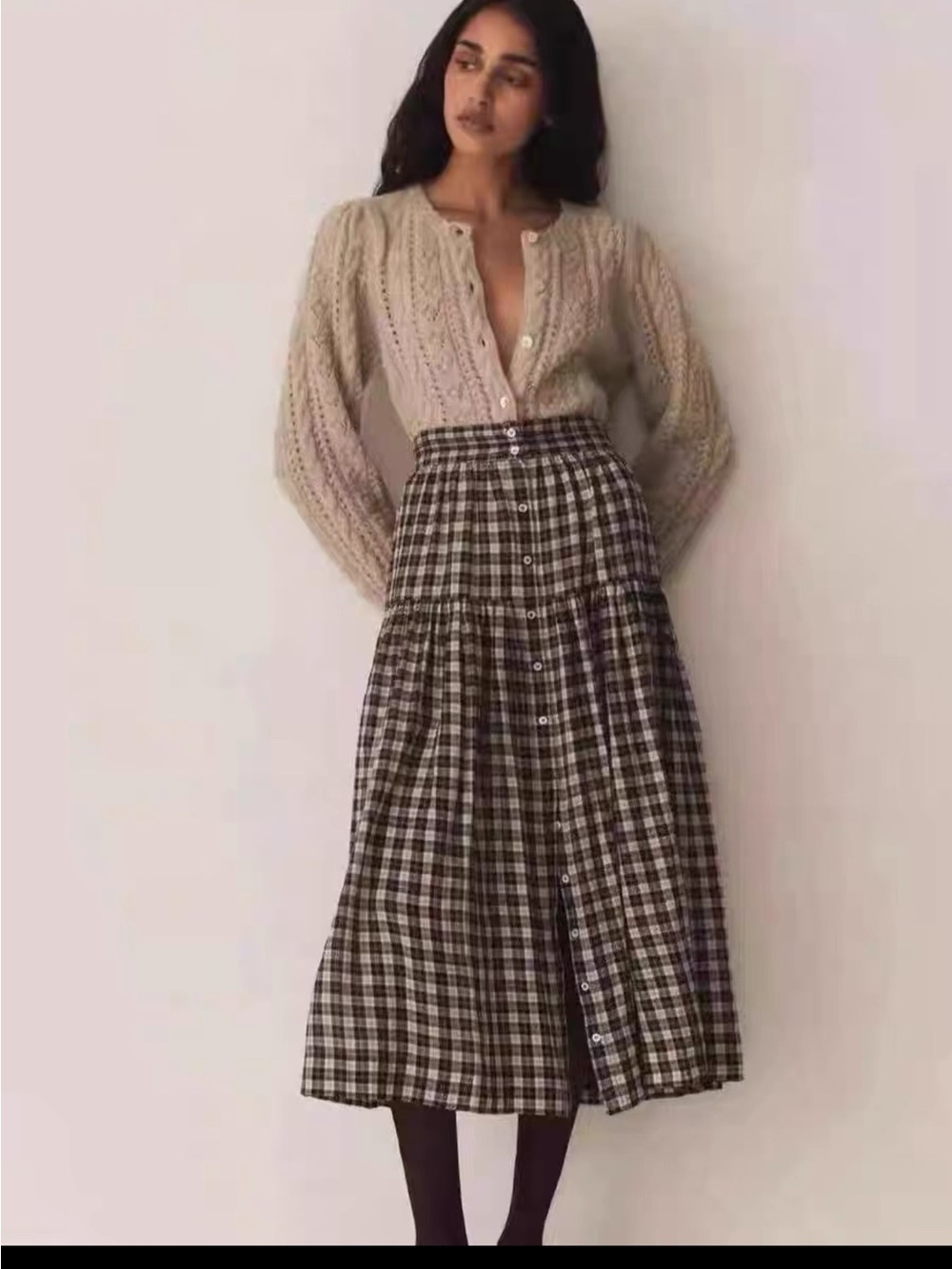Doen Fabienne Skirt Plaid Button-Front Midi Skirt, L